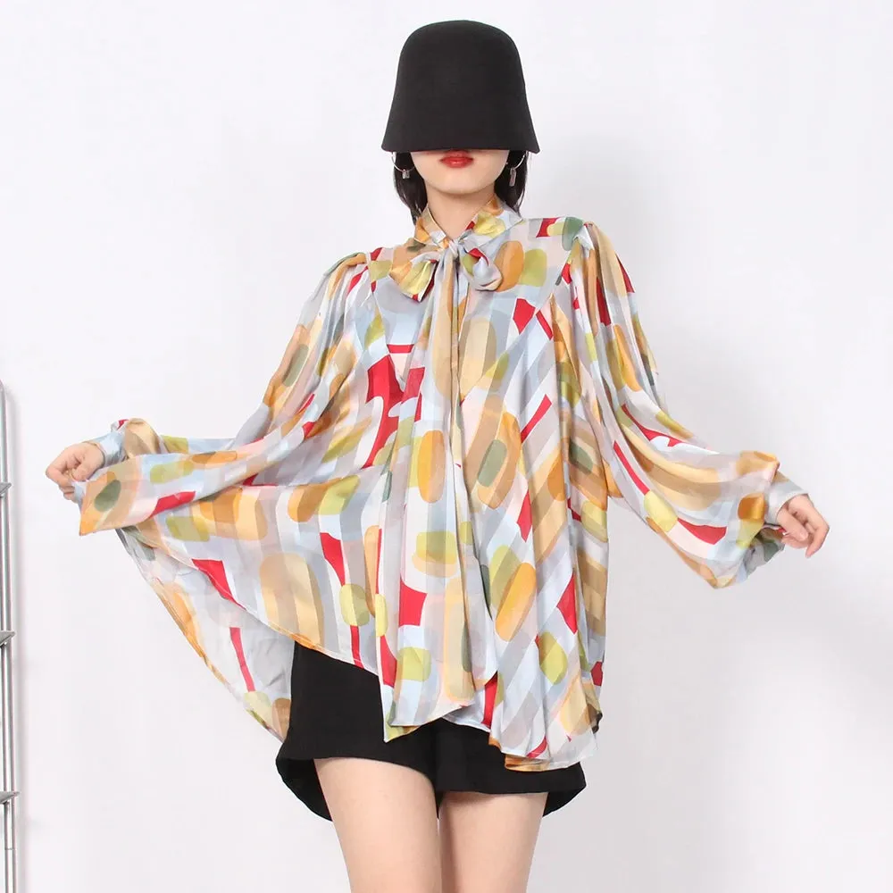 Straight Shirt For Women Bow Collar Long Sleeve Print Colorblock Loose Blouses Female Fashion Spring Clothing