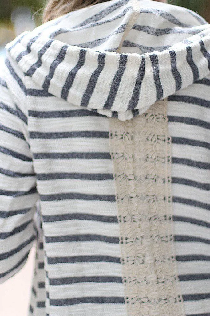 Striped Hooded Cardigan With Crochet Detail