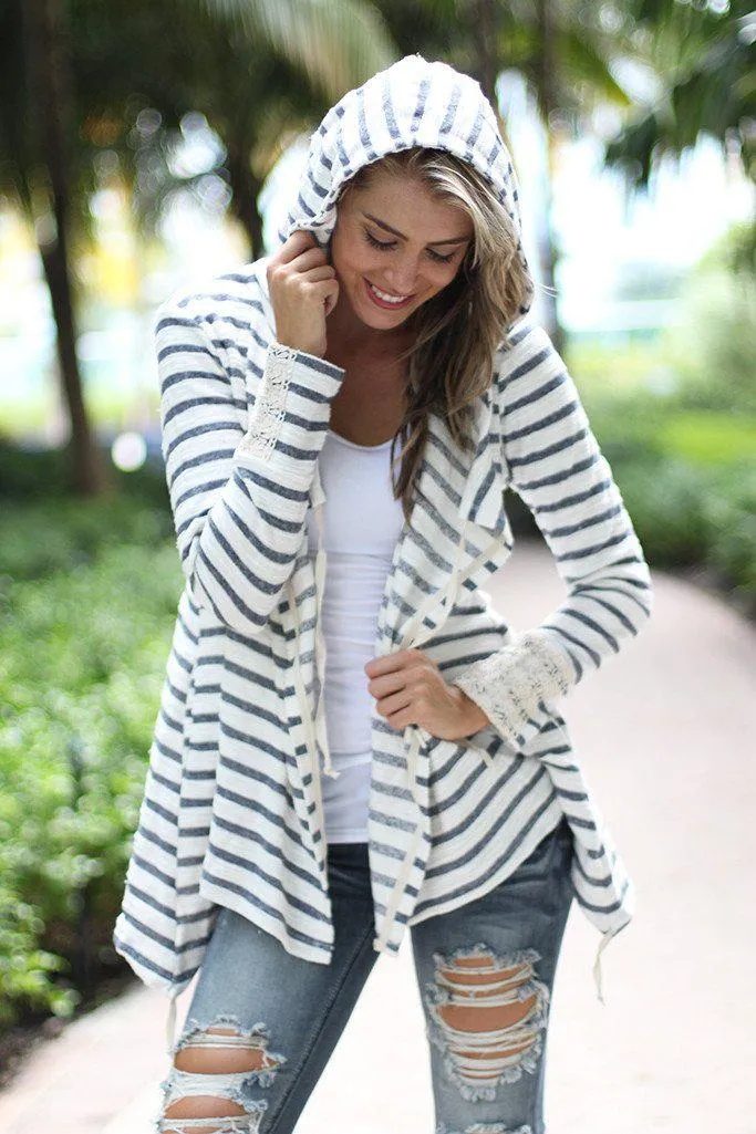 Striped Hooded Cardigan With Crochet Detail