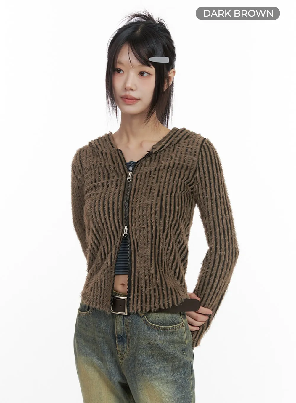 Striped Zip-Up Hooded Cardigan IO430