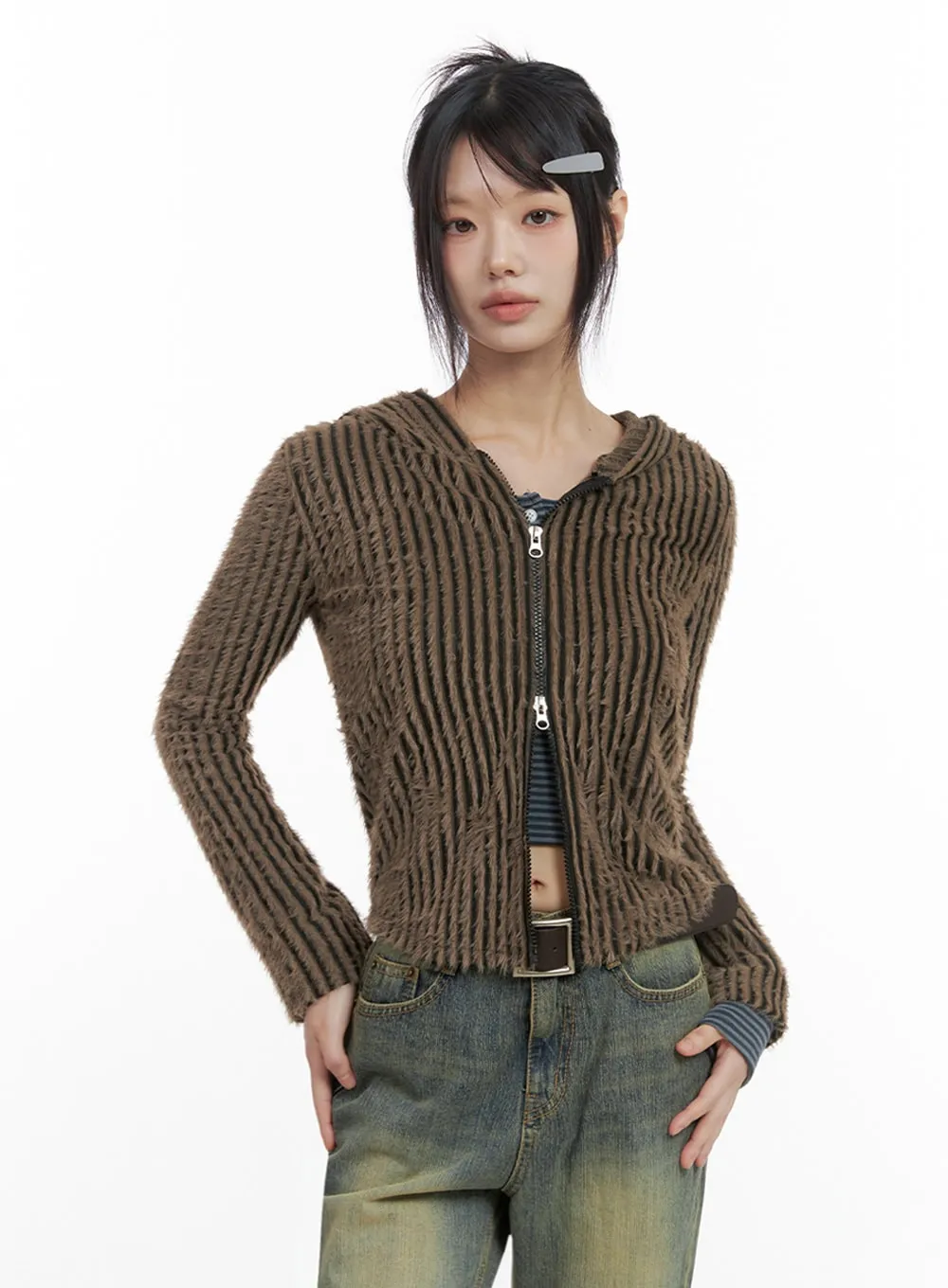 Striped Zip-Up Hooded Cardigan IO430