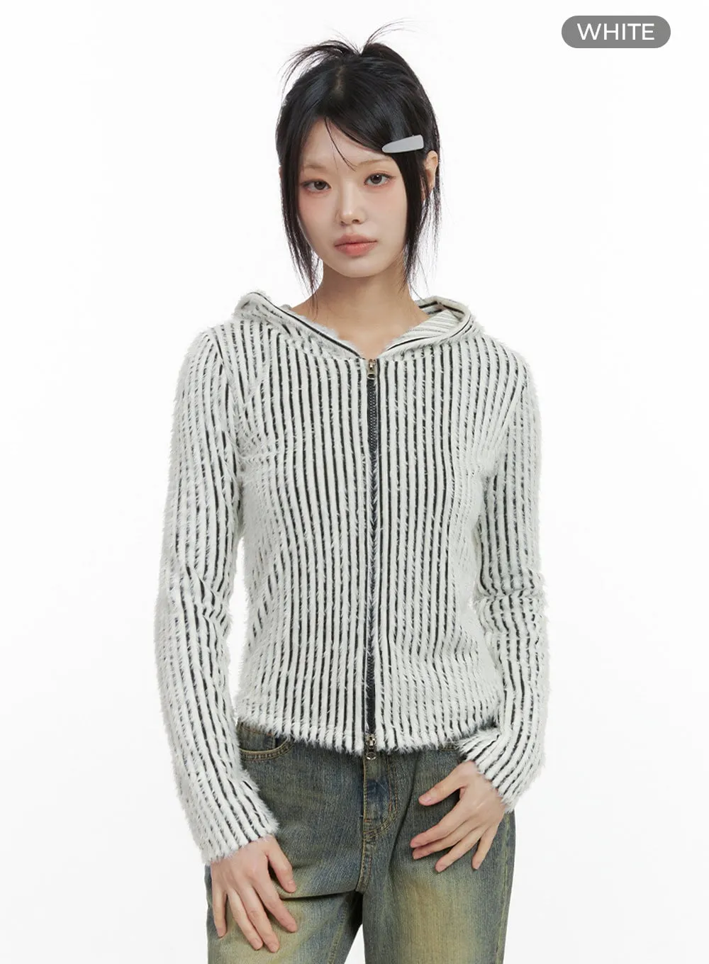 Striped Zip-Up Hooded Cardigan IO430