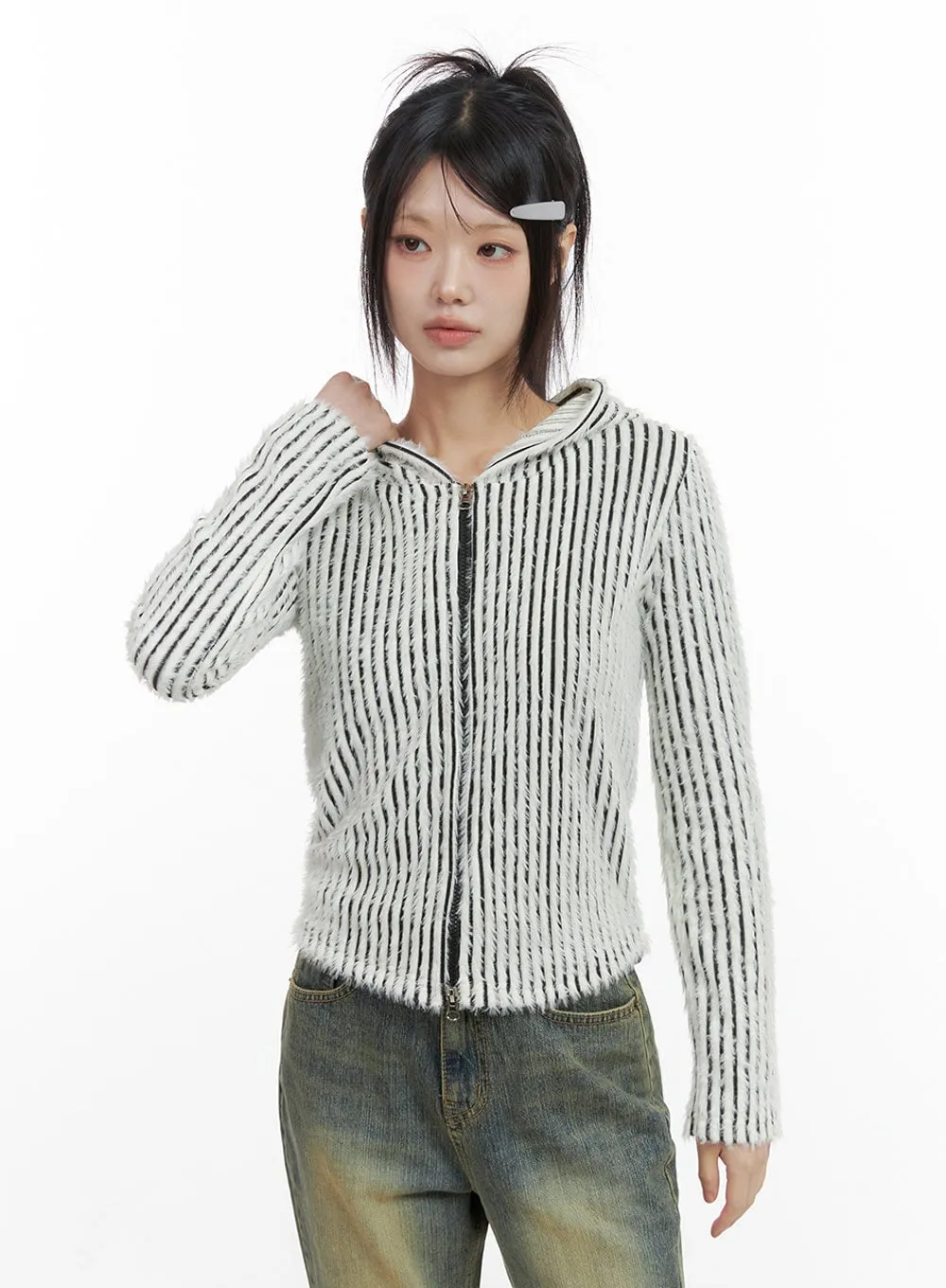 Striped Zip-Up Hooded Cardigan IO430