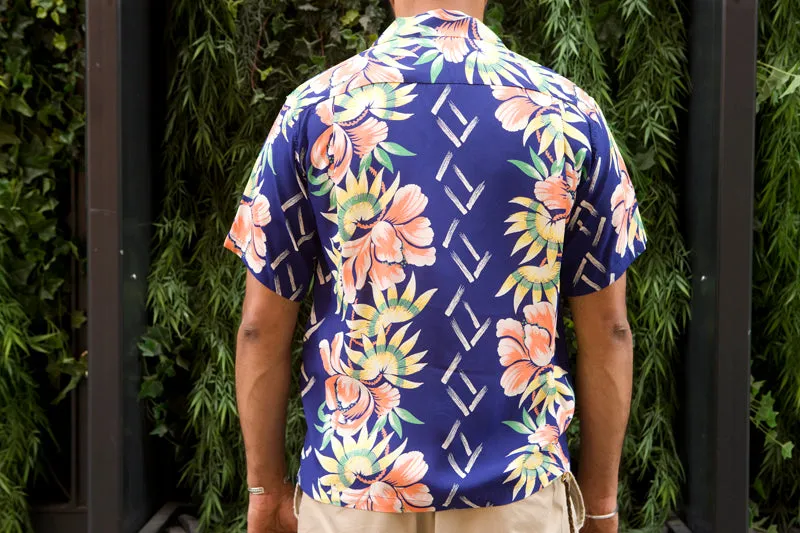 Sun Surf Hawaiian Shirt “Island Flower Shower” Navy