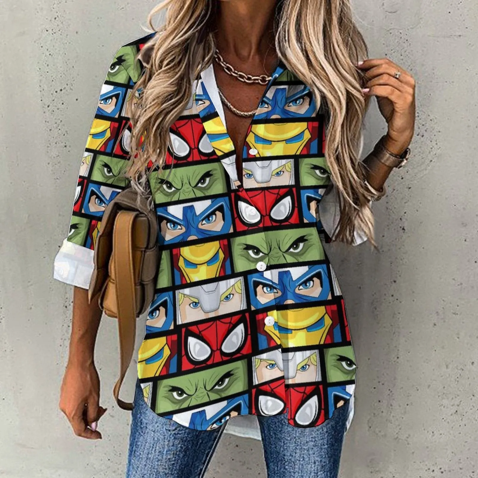 Super Heroes Eyes Long Sleeve Button Up Blouse