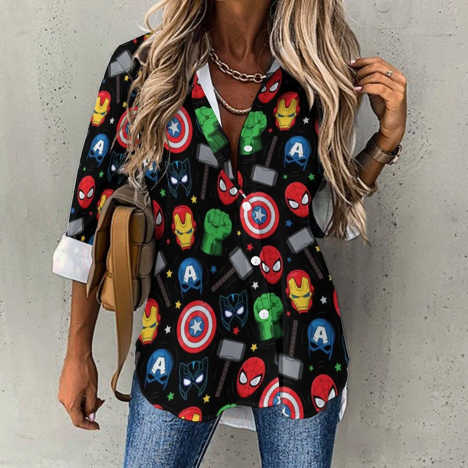 Super Heroes Long Sleeve Button Up Blouse