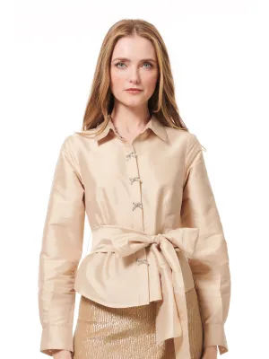 Elegant Taffeta Blouse with Crystal Bow Buttons and Sash