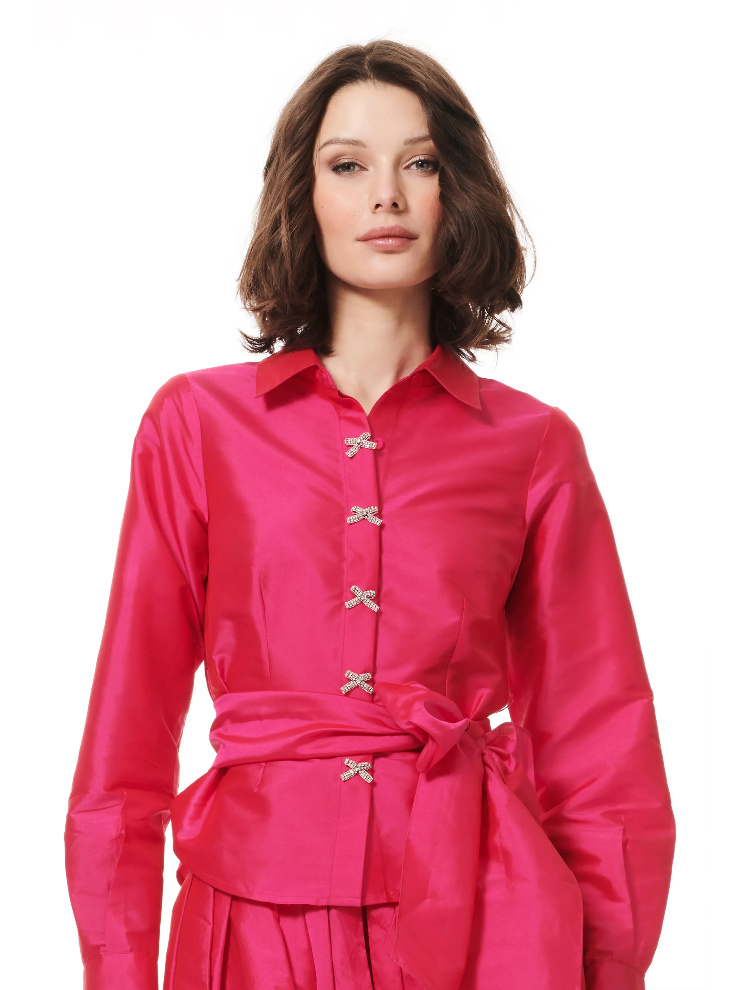 Elegant Taffeta Blouse with Crystal Bow Buttons and Sash