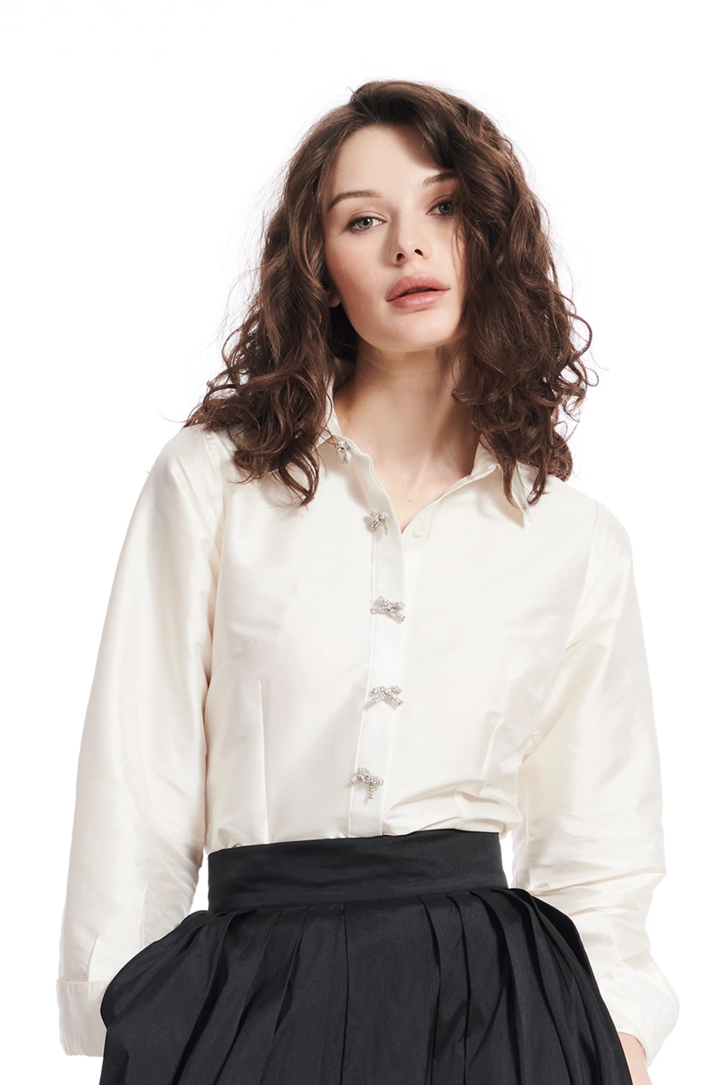 Elegant Taffeta Blouse with Crystal Bow Buttons and Sash