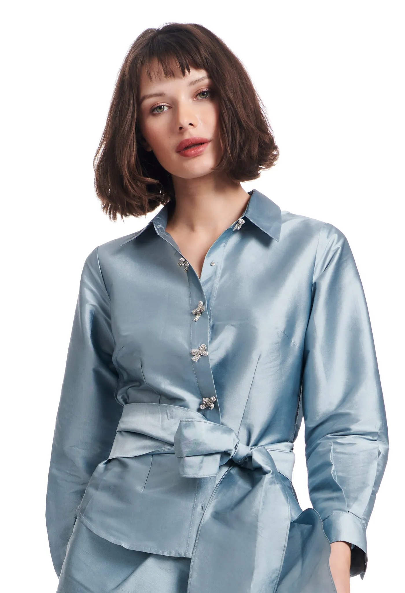 Elegant Taffeta Blouse with Crystal Bow Buttons and Sash