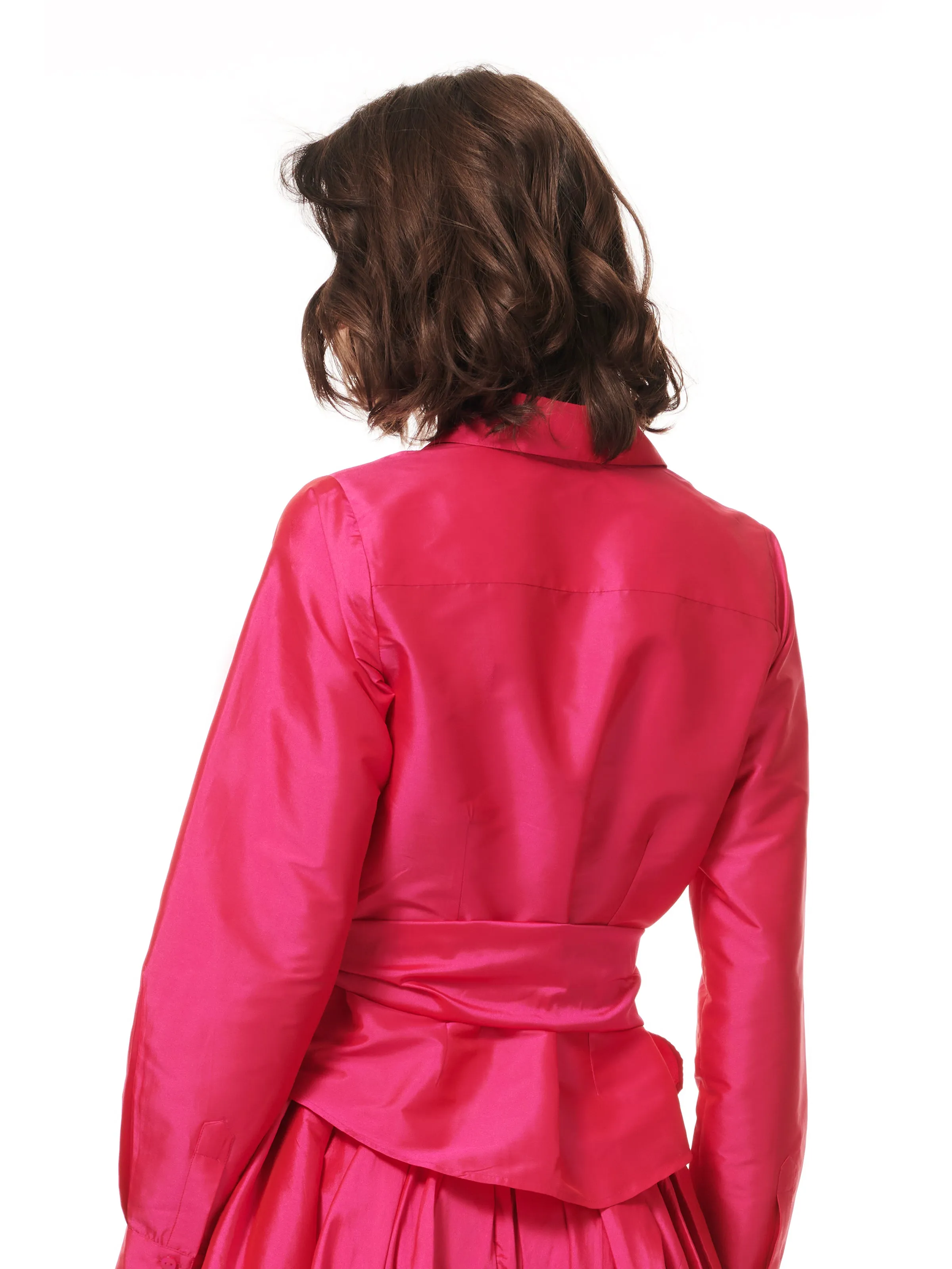 Elegant Taffeta Blouse with Crystal Bow Buttons and Sash