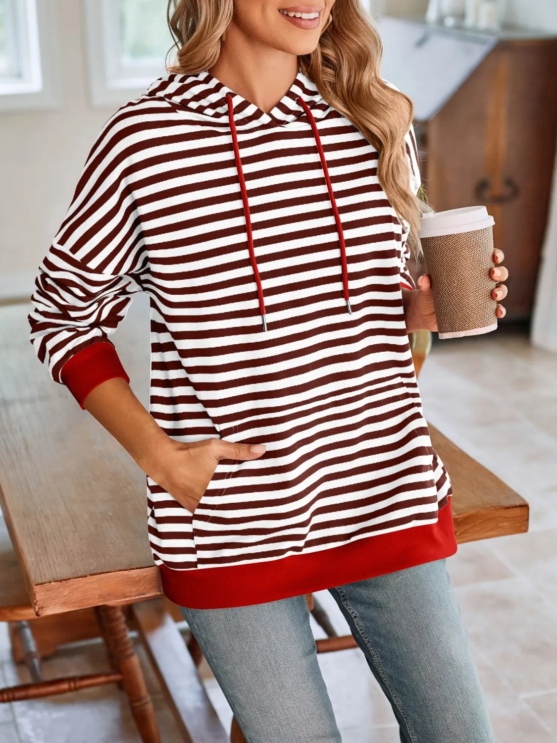 TEEK - Lovelet Drawstring Striped Long Sleeve Hoodie