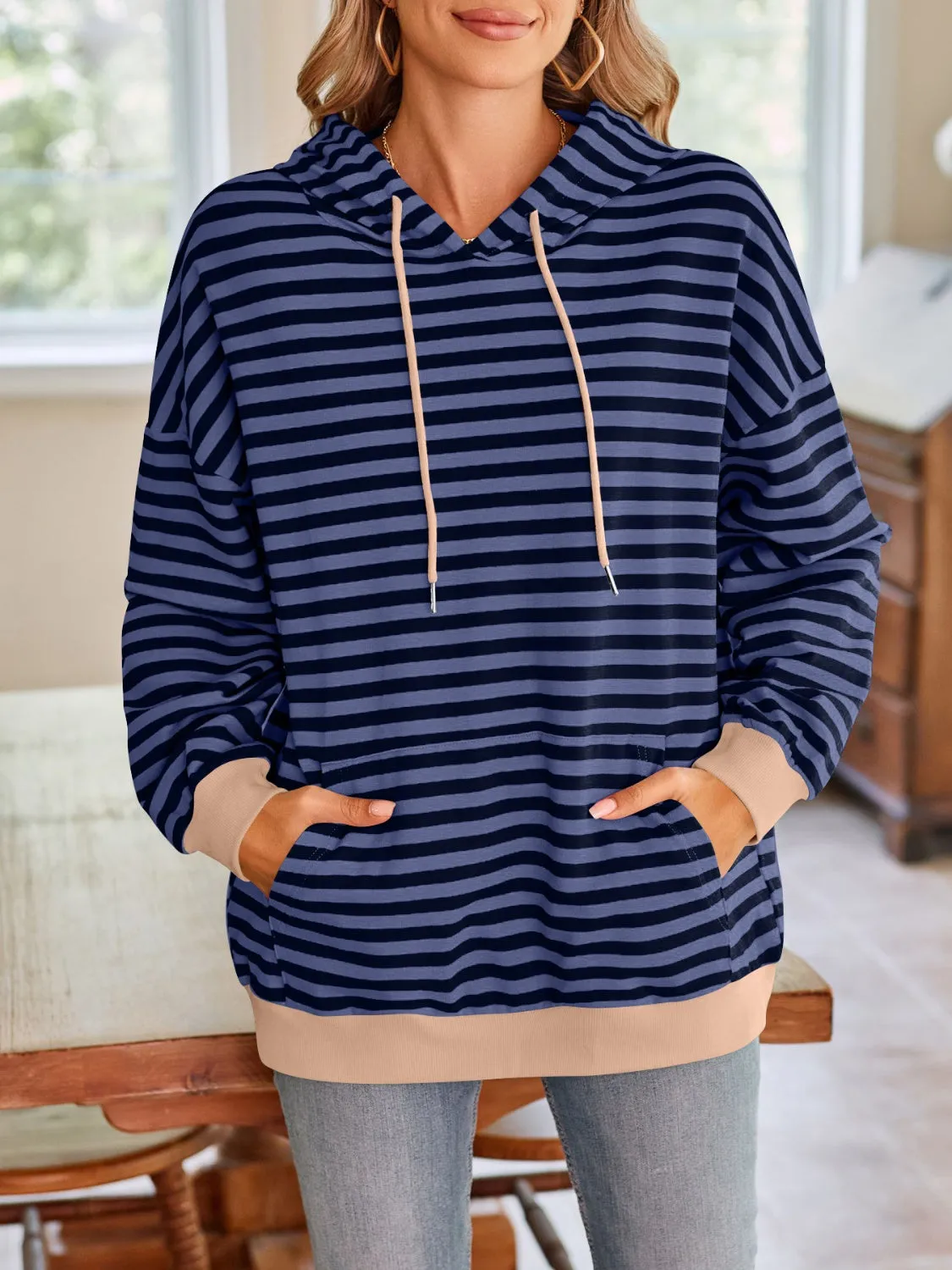 TEEK - Lovelet Drawstring Striped Long Sleeve Hoodie