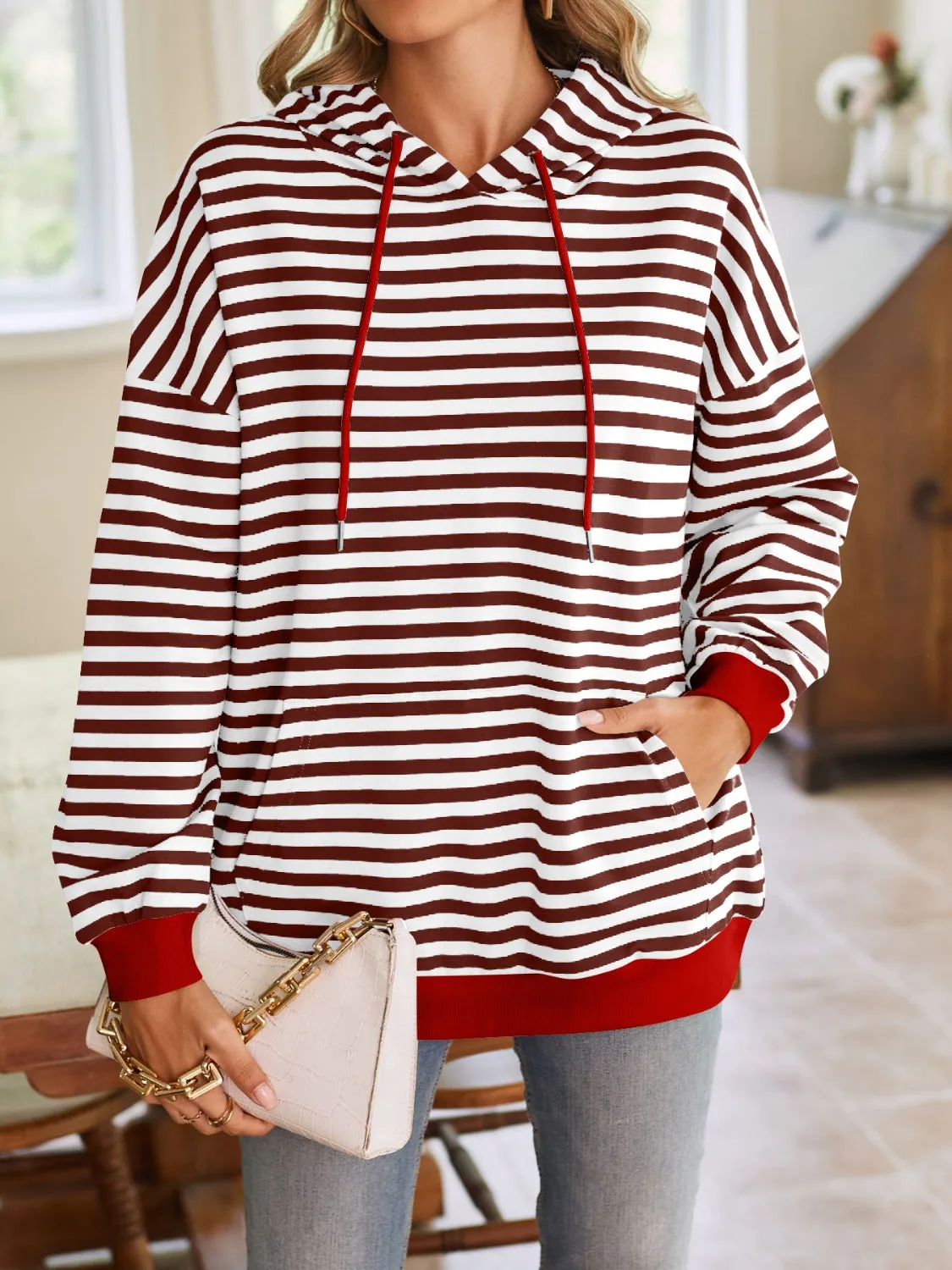 TEEK - Lovelet Drawstring Striped Long Sleeve Hoodie