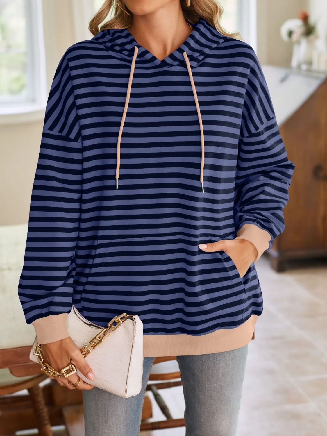 TEEK - Lovelet Drawstring Striped Long Sleeve Hoodie