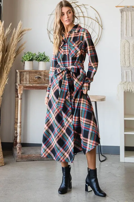 TEEK - RED PLAID PRINT COLLAR LONG SHIRT DRESS