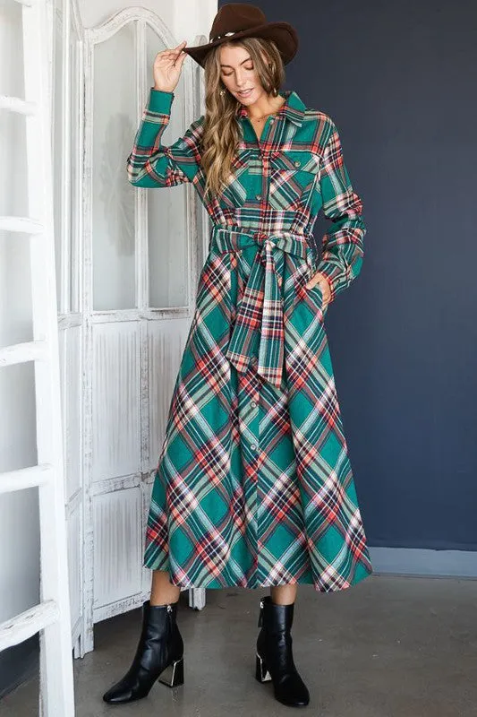 TEEK - RED PLAID PRINT COLLAR LONG SHIRT DRESS