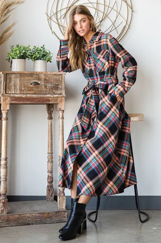 TEEK - RED PLAID PRINT COLLAR LONG SHIRT DRESS