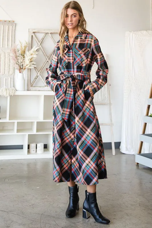 TEEK - RED PLAID PRINT COLLAR LONG SHIRT DRESS