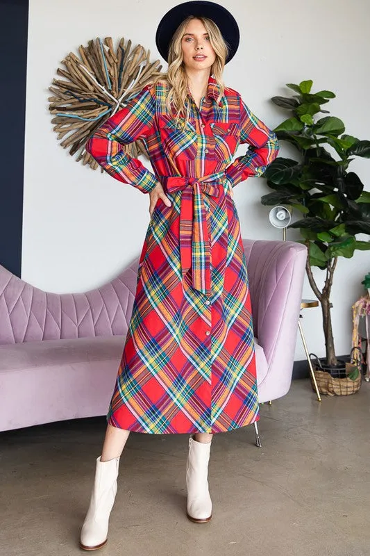 TEEK - RED PLAID PRINT COLLAR LONG SHIRT DRESS