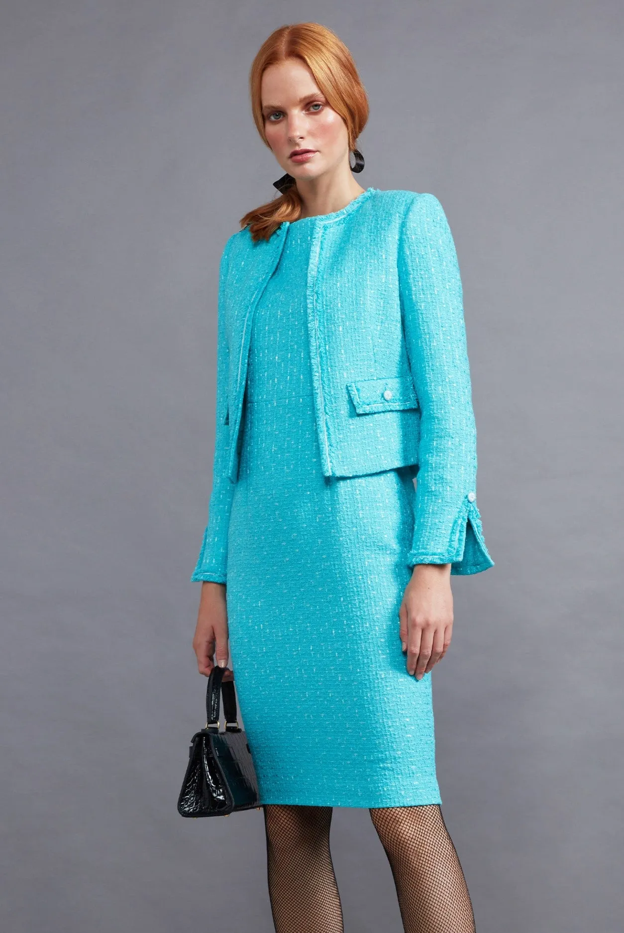 Turquoise Plain Tweed Short Jacket with Fringe Edging - Carrie