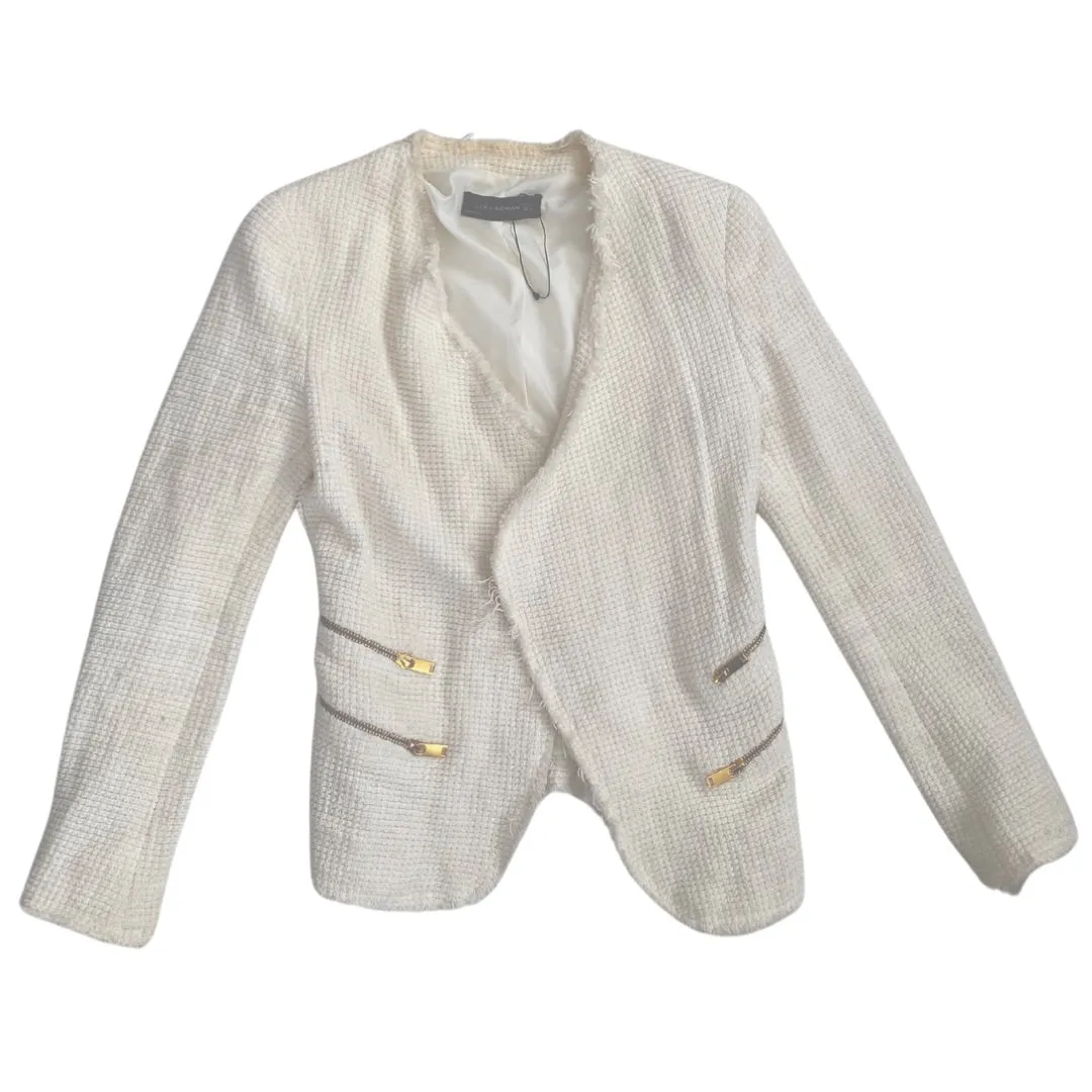 Tweed Frayed Biker Blazer Cream SIZE S