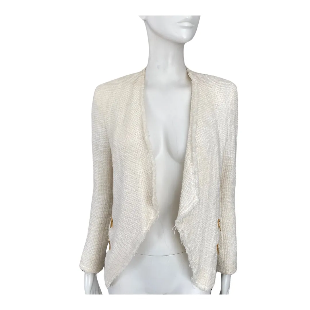 Tweed Frayed Biker Blazer Cream SIZE S