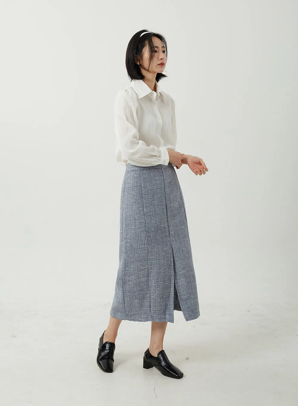 Tweed Front Slit Maxi Skirt OJ311