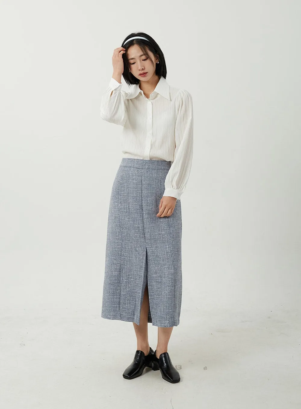 Tweed Front Slit Maxi Skirt OJ311