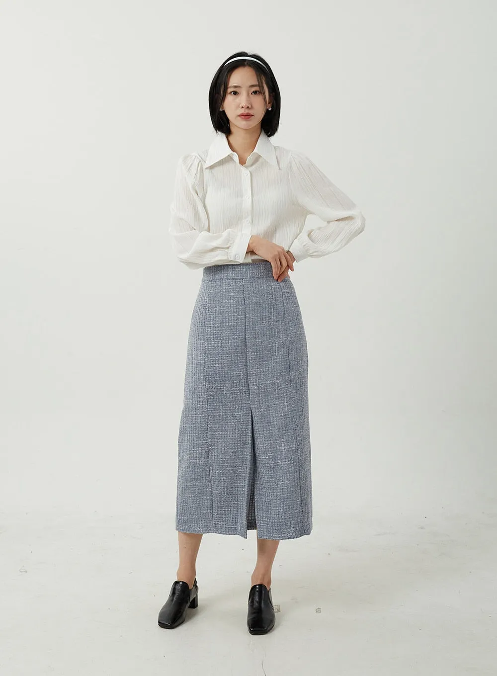 Tweed Front Slit Maxi Skirt OJ311