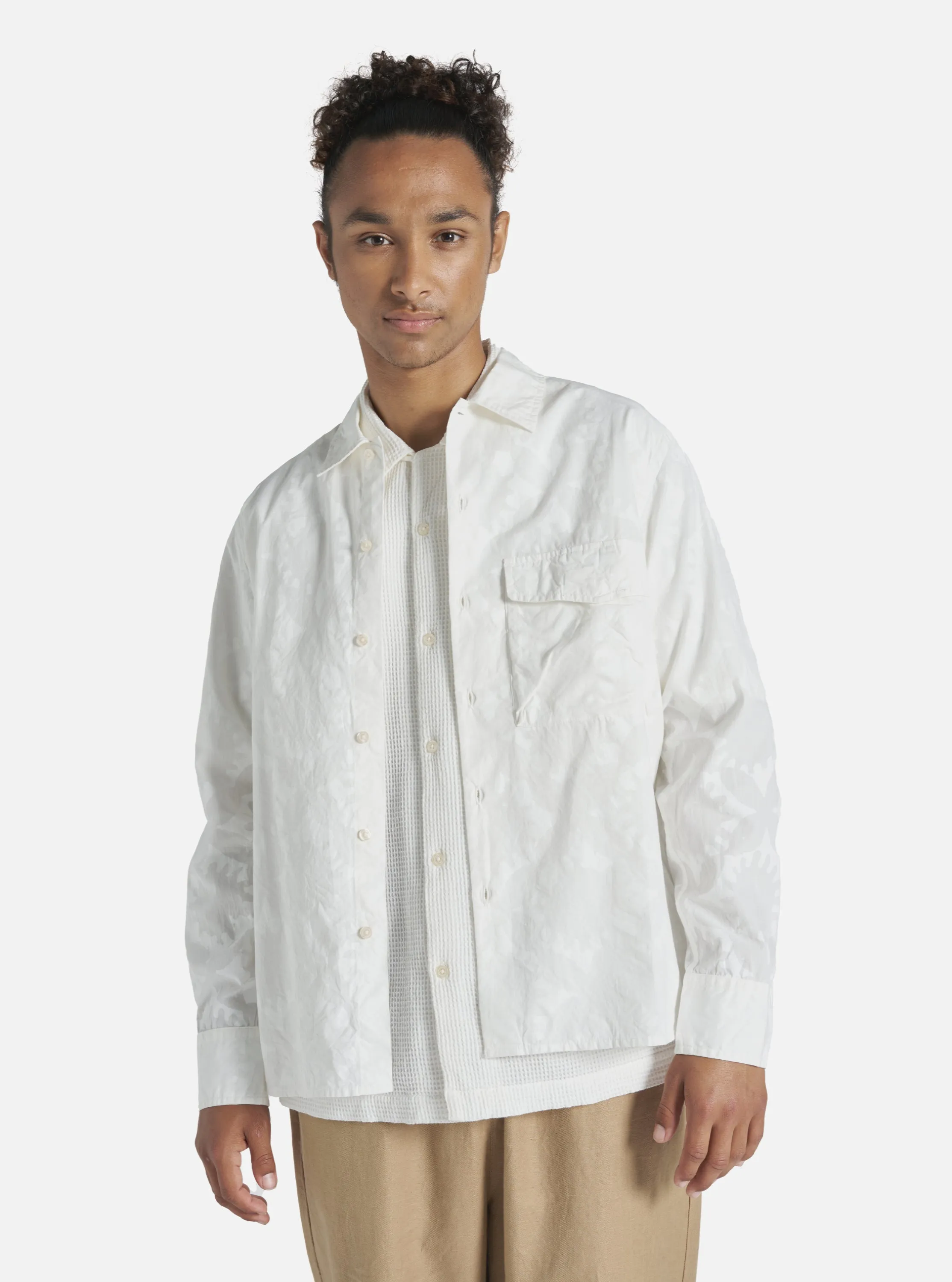 Universal Works Field Shirt in Ecru Sun Print Poplin