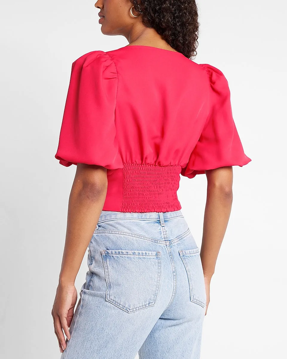 V-Neck Button Front Puff Sleeve Cropped Top in Energy Pink