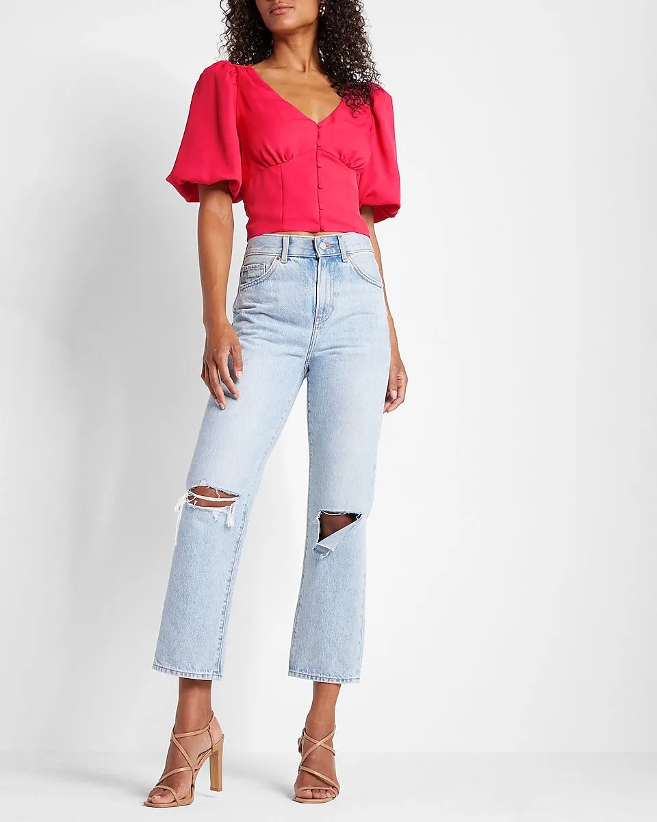 V-Neck Button Front Puff Sleeve Cropped Top in Energy Pink