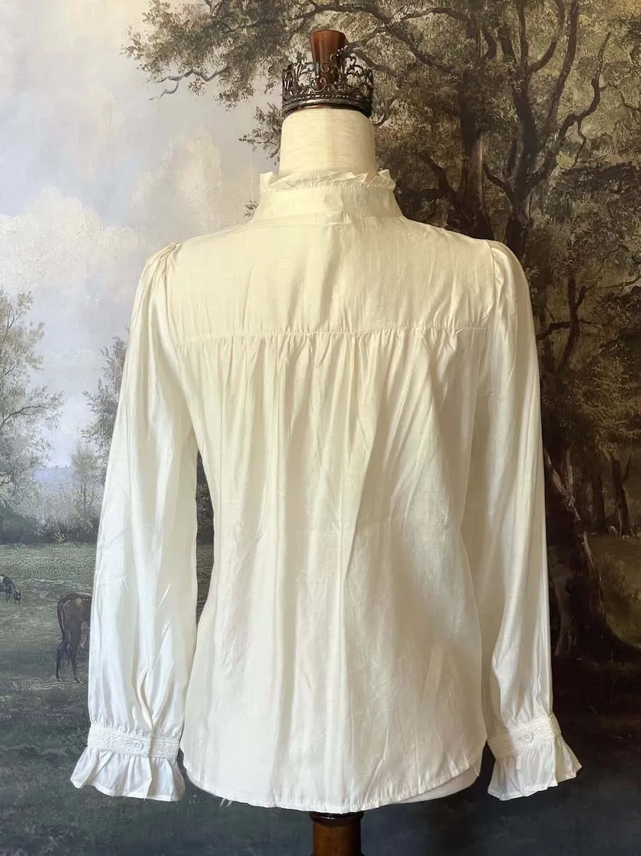 Victorian Inspired High Neck Pintuck Button-up Blouse in Ivory