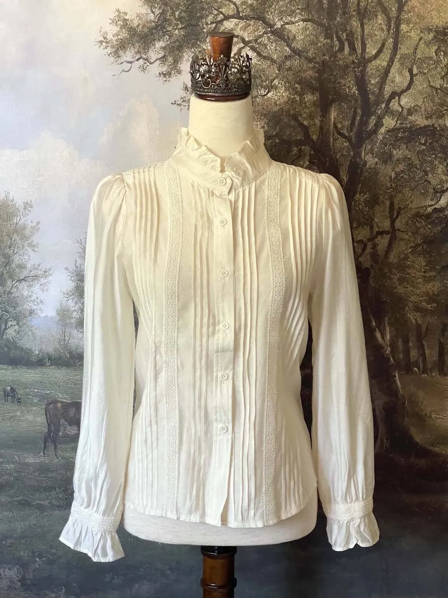 Victorian Inspired High Neck Pintuck Button-up Blouse in Ivory