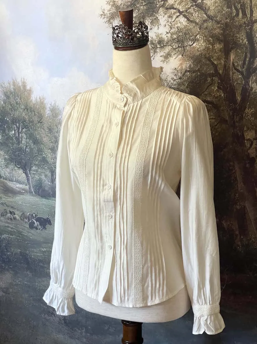 Victorian Inspired High Neck Pintuck Button-up Blouse in Ivory