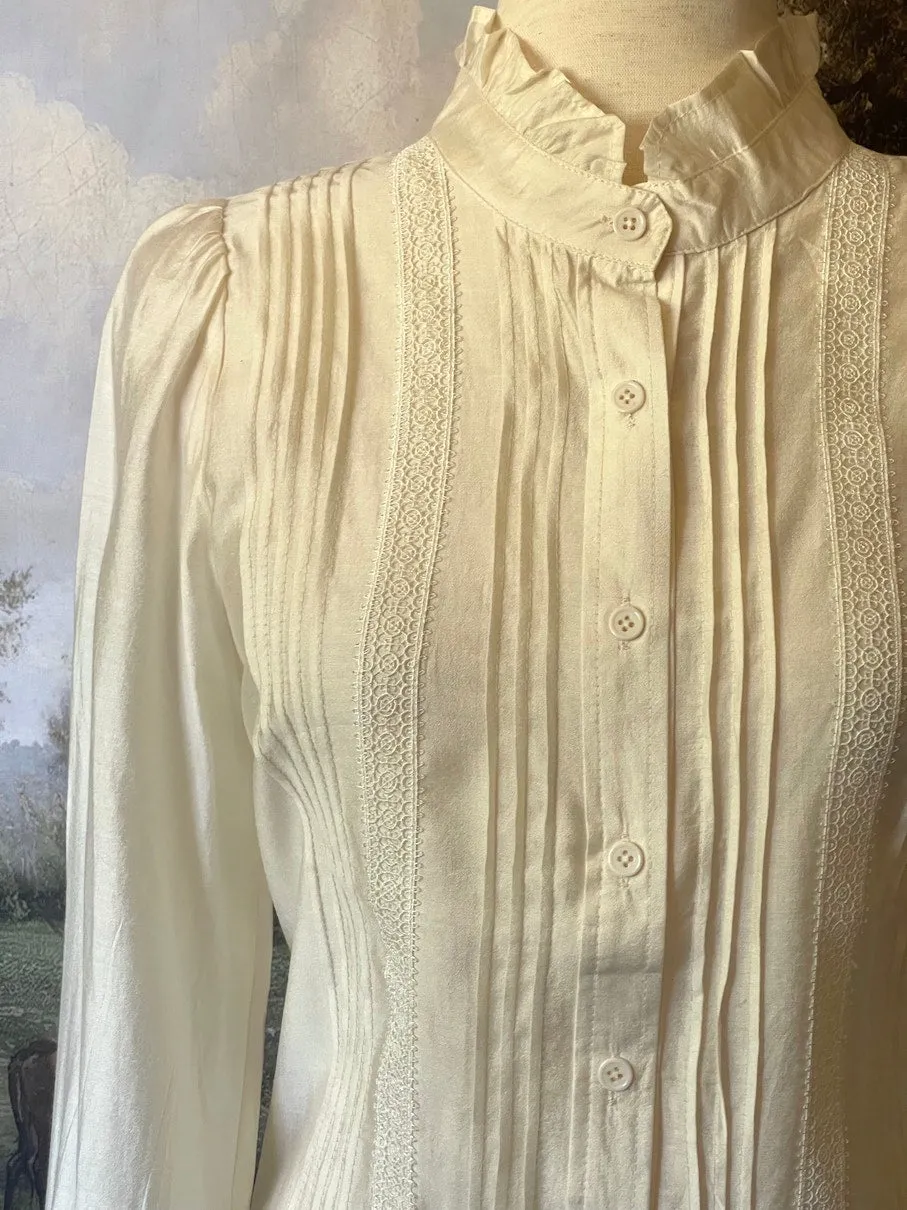 Victorian Inspired High Neck Pintuck Button-up Blouse in Ivory