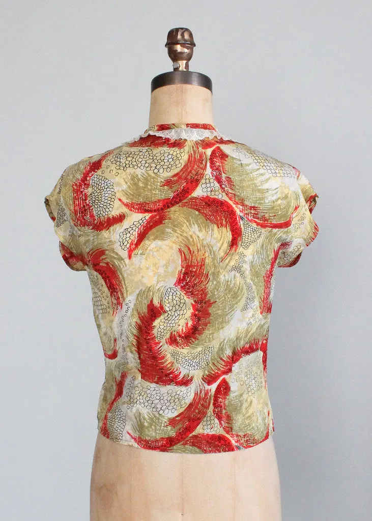 Vintage 1940s Abstract Print Rayon Blouse