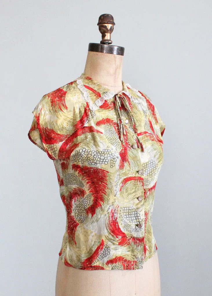 Vintage 1940s Abstract Print Rayon Blouse