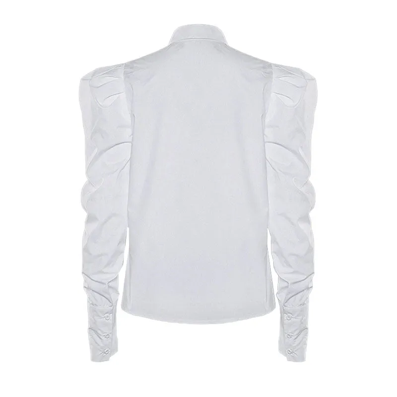 Vintage Frilled Puff Sleeve Pointed Collar Button Up Blouse - White