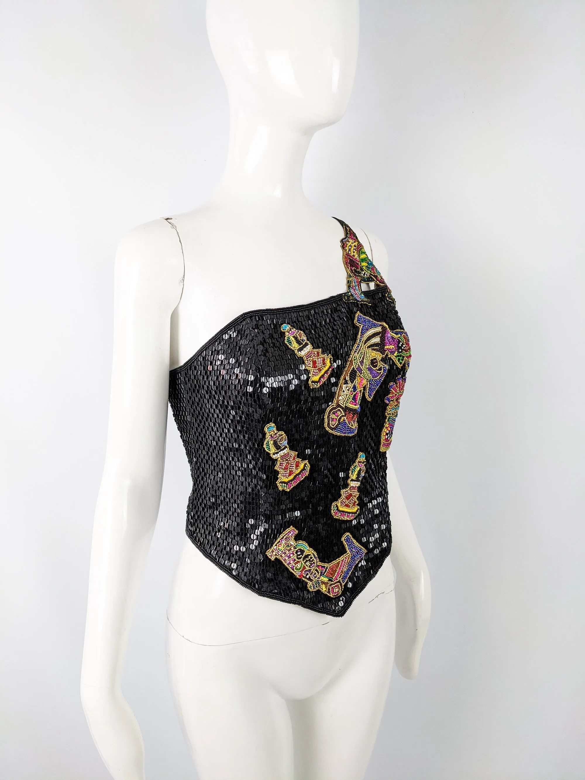 Vintage One Shouldered Chess Style Sequin Silk Top, 1980s