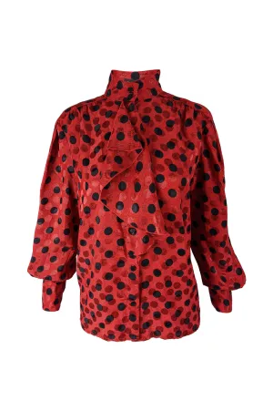 Vintage Red & Black Satin Jacquard Polka Dot Blouse, 1980s