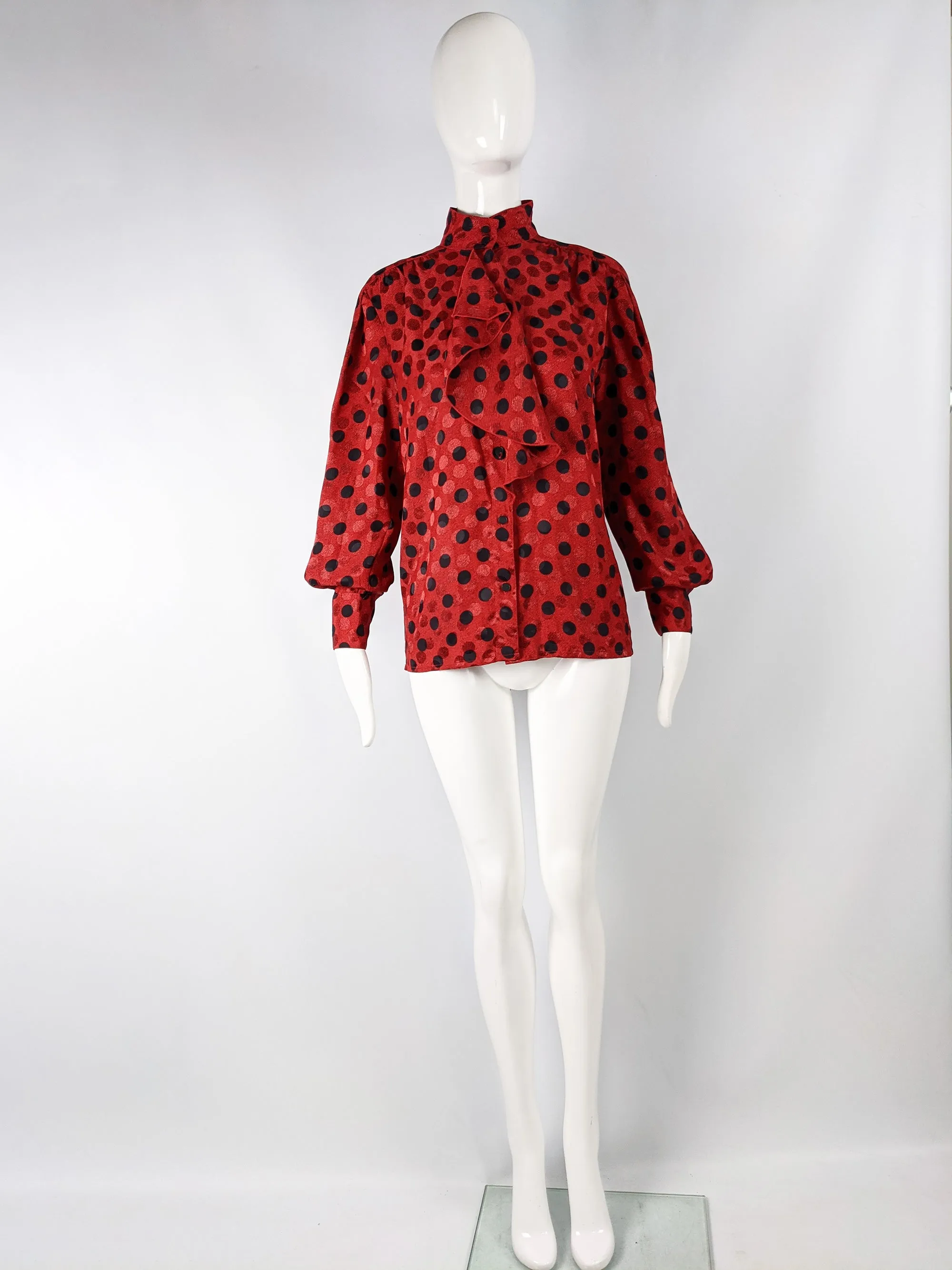 Vintage Red & Black Satin Jacquard Polka Dot Blouse, 1980s