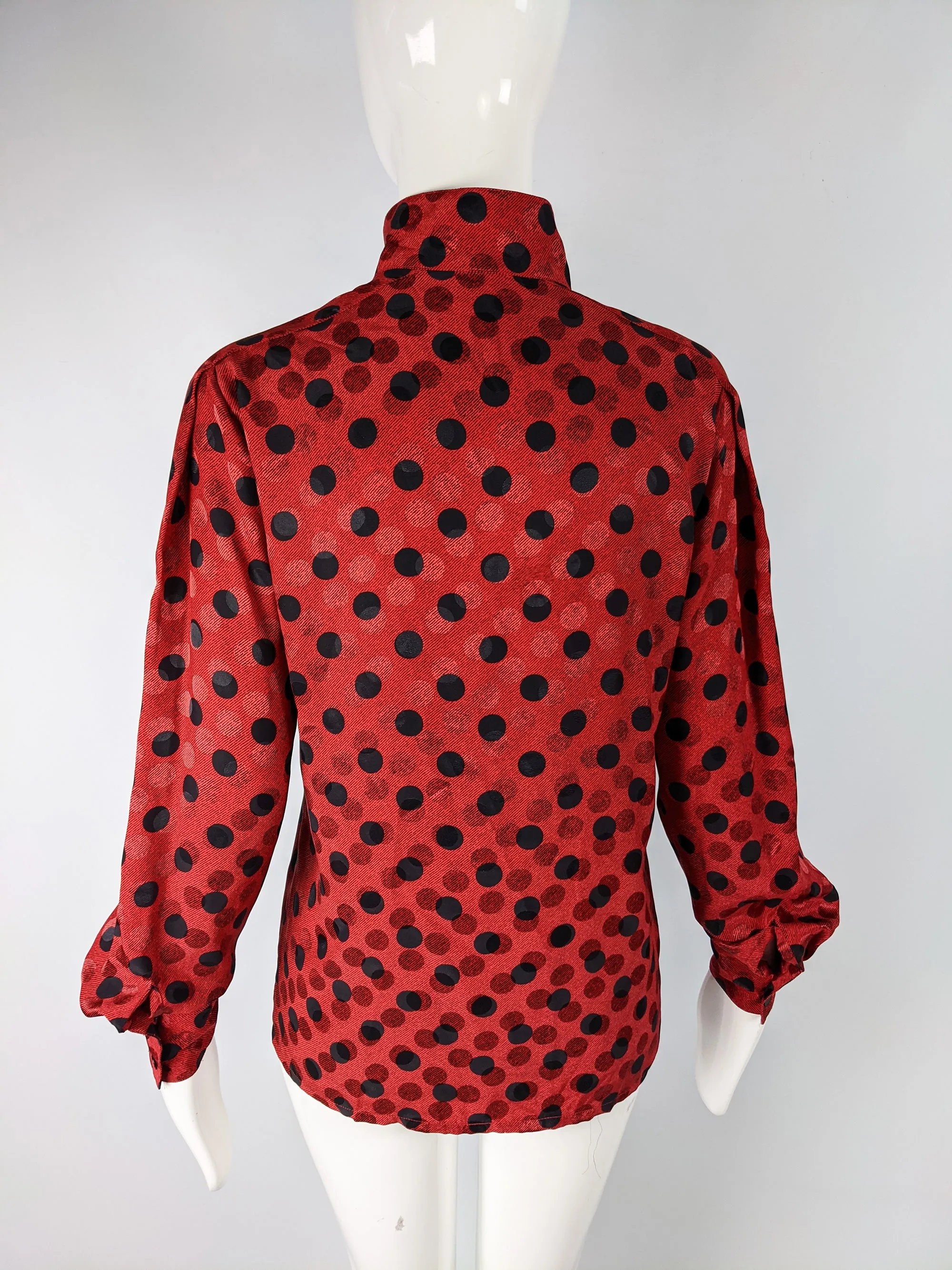 Vintage Red & Black Satin Jacquard Polka Dot Blouse, 1980s