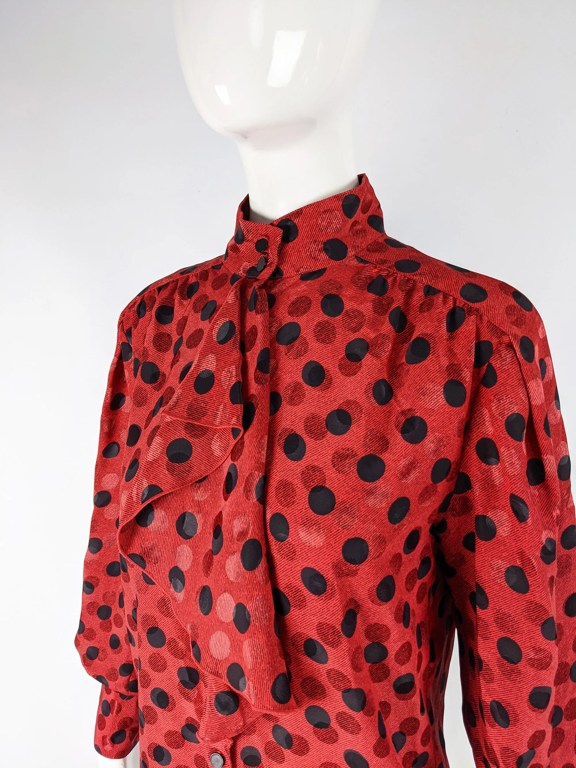 Vintage Red & Black Satin Jacquard Polka Dot Blouse, 1980s