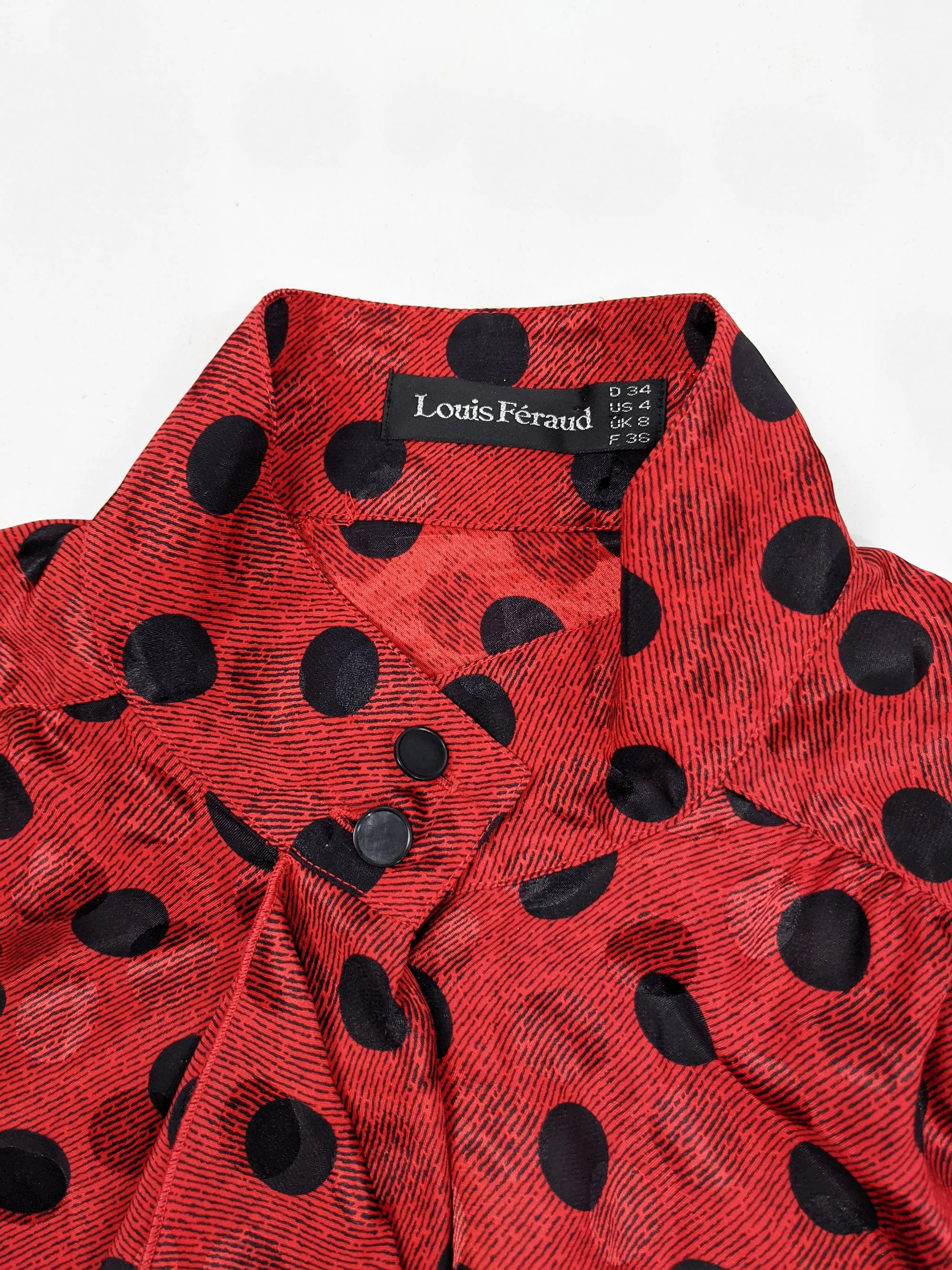 Vintage Red & Black Satin Jacquard Polka Dot Blouse, 1980s