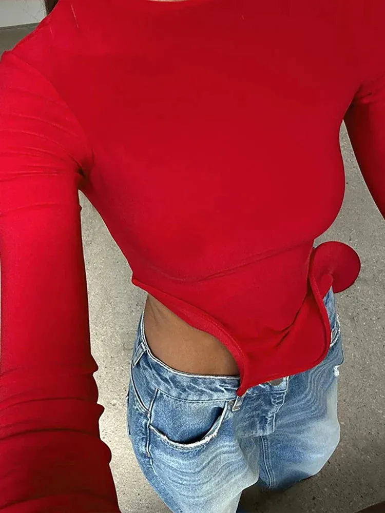 Wenkouban-Black Friday Christmas Party Outfits  Elegant Round Neck Ruffles Women T-shirt Red Long Sleeve Short T-shirt Female Autumn Skinny Casual Party Clubwear 2024