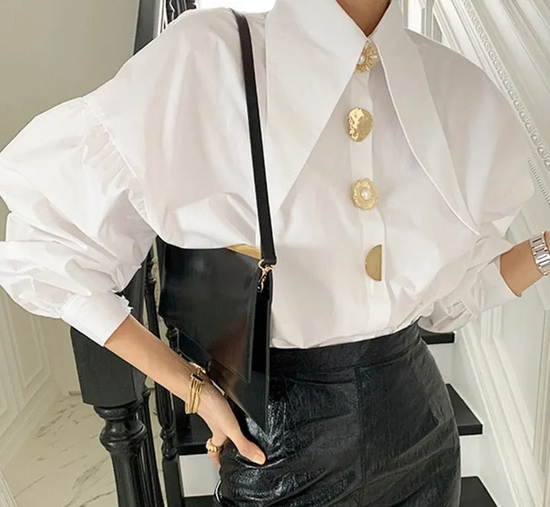 Wenkouban Chic Button Cotton White Shirt Women Autumn Casual Office Lady Women Blosues Loose Lantern Long Sleeve Shirts Tops Blusas 15631