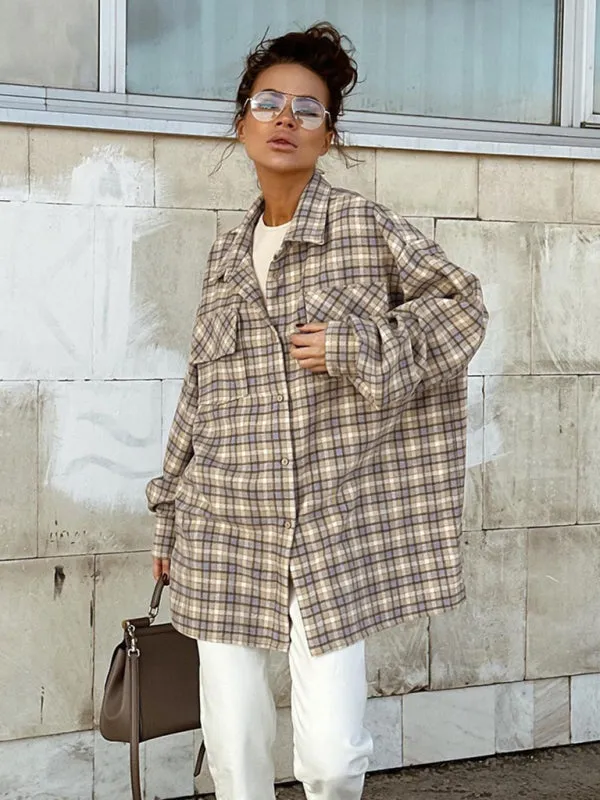 Wenkouban-Winter outfits ideas Women's New American Retro Plaid Commuting Oversize Long Sleeve Shirt Jacket