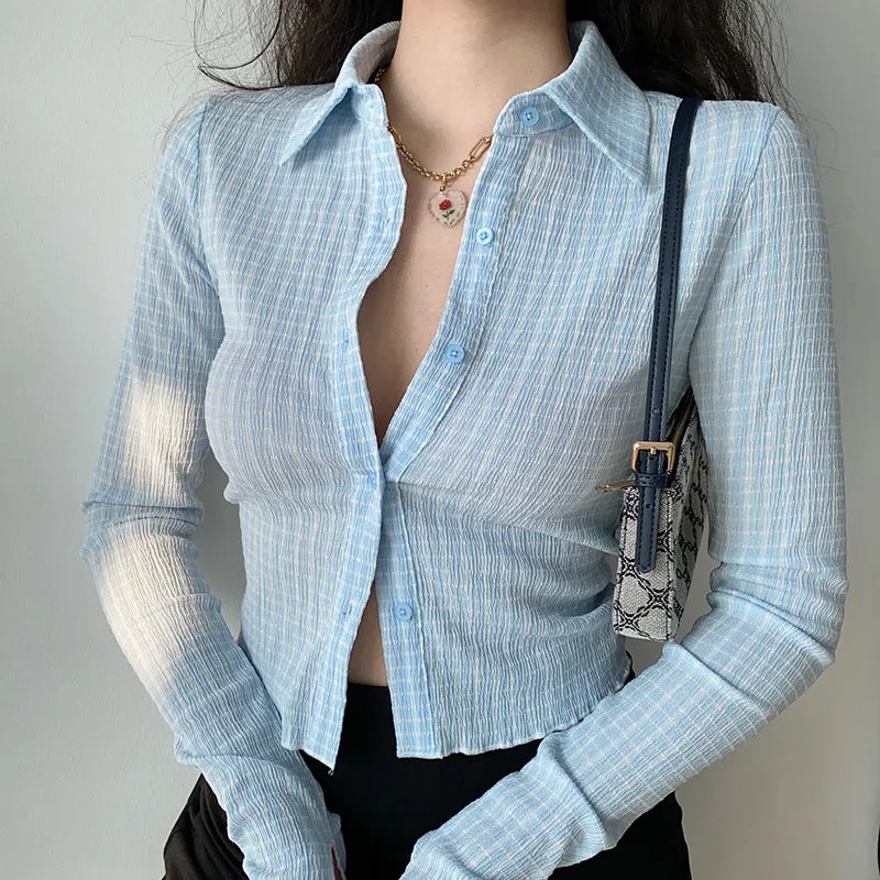 Wenkouban women's fashion New Spring Retro Style Shirt Women's Lapel Plaid Shirt Slimming Versatile Top